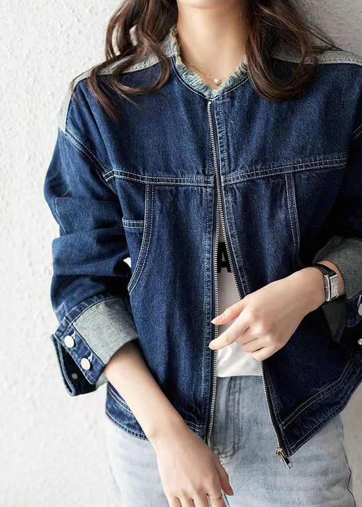 Casual Denim Blue O-Neck Zippered Patchwork Coat Long Sleeve