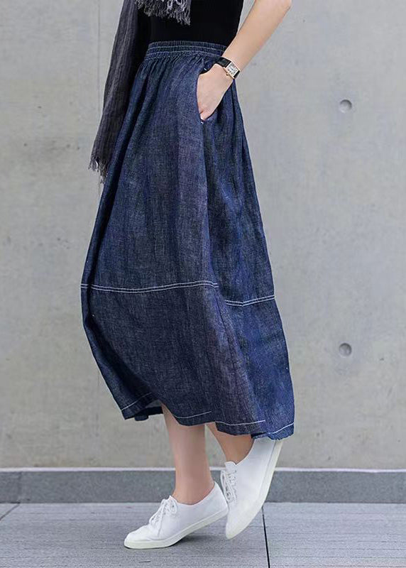 Casual Denim Blue Pockets Elastic Waist Patchwork Skirts Spring