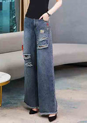 Casual Denim Navy Embroideried Elastic Waist Long Wide Leg Pants