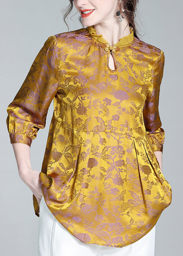 Casual Gold Stand Collar Print Button Silk Tops Long Sleeve