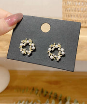 Casual Gold Sterling Silver Overgild Pearl Floral Hoop Earrings