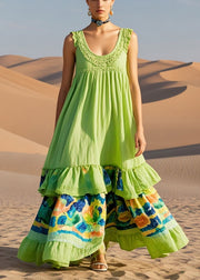 Casual Grass Green Print Cotton Long Dresses Summer