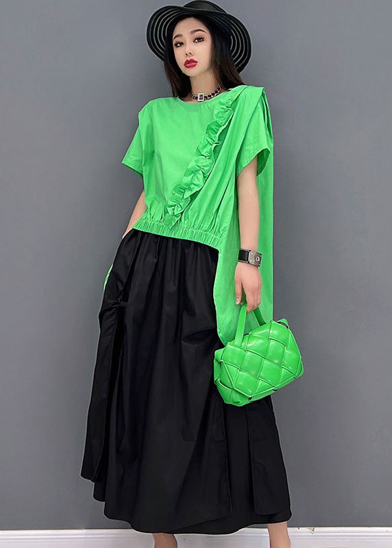 Casual Green Asymmetrical Ruffled Patchwork Low High Design Two Piece Set Women Clothing Summer