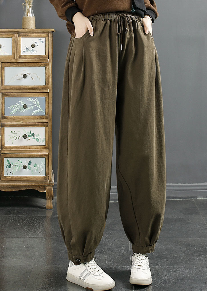 Casual Green Elastic Waist Cotton Beam Pants Fall