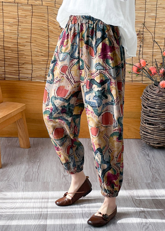 Casual Green Elastic Waist Crop Print Pants