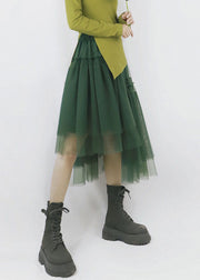 Casual Green High Waist Asymmetrical Patchwork Tulle Pleated Skirt Summer