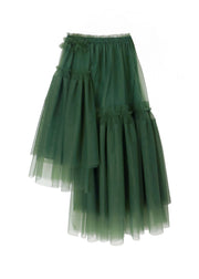 Casual Green High Waist Asymmetrical Patchwork Tulle Pleated Skirt Summer