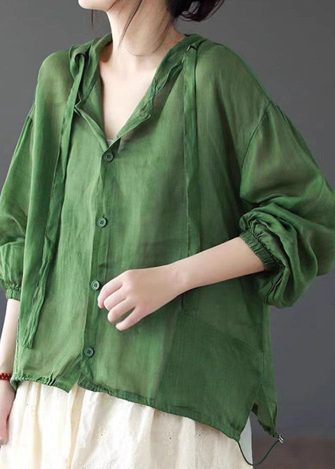 Casual Green Hooded Pockets Patchwork Linen Thin Coat Summer