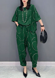 Casual Green O-Neck Print Tops And Pants Patchwork Cotton Two Pieces Set Summer