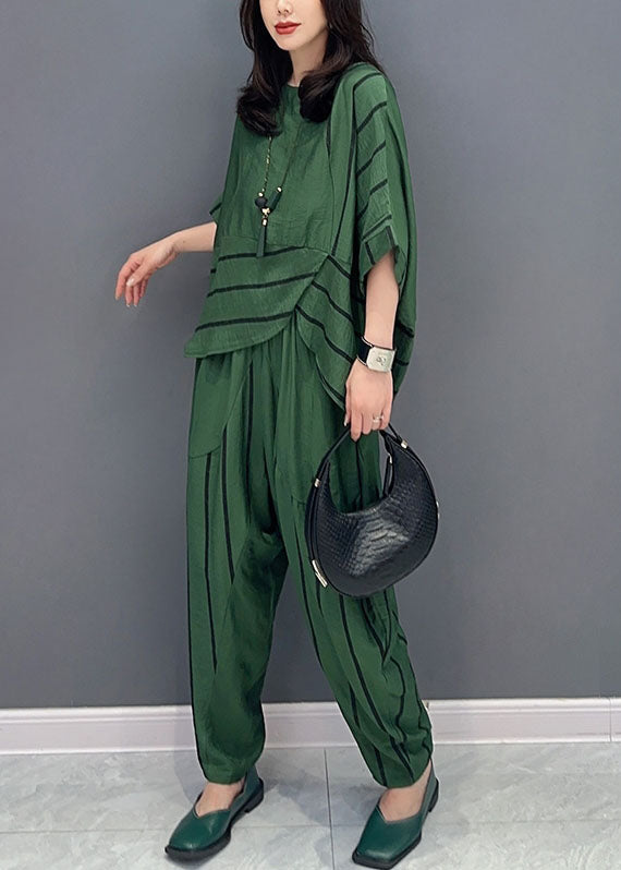 Casual Green O-Neck Striped Patchwork Tops And Pants Cotton Two Piece Set Summer