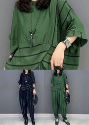 Casual Green O-Neck Striped Patchwork Tops And Pants Cotton Two Piece Set Summer