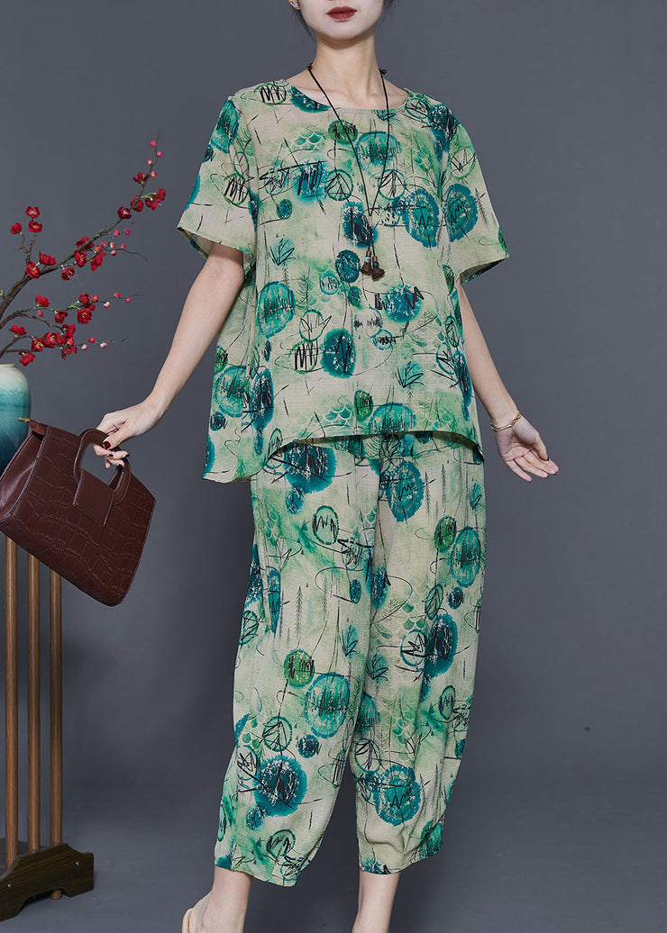 Casual Green Oversized Print Linen Two Piece Set Summer