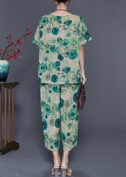 Casual Green Oversized Print Linen Two Piece Set Summer