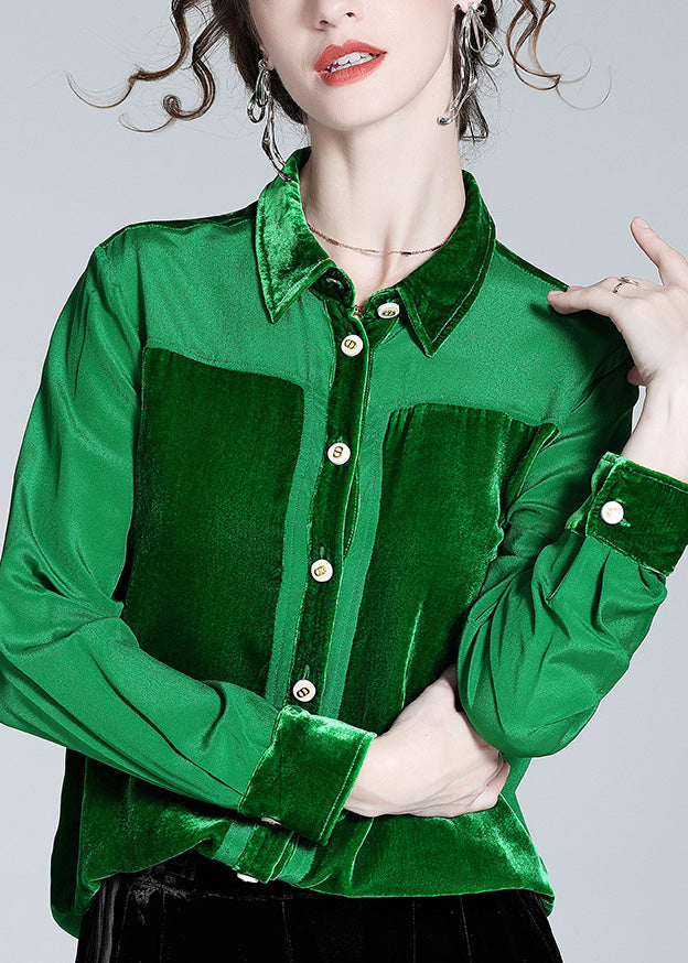 Casual Green Peter Pan Collar Patchwork Button Silk Shirt Long Sleeve