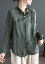 Casual Green Peter Pan Collar Patchwork Linen Blouses Long Sleeve