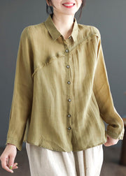 Casual Green Peter Pan Collar Patchwork Linen Blouses Long Sleeve