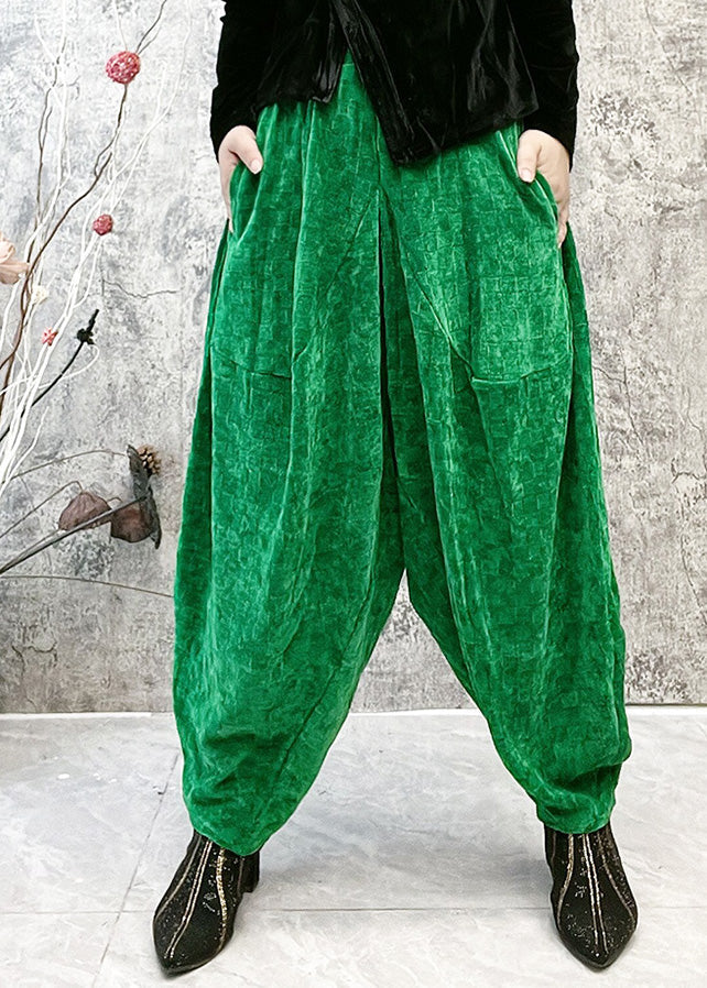 Casual Green Plaid Elastic Waist Velour Lantern Pants Spring