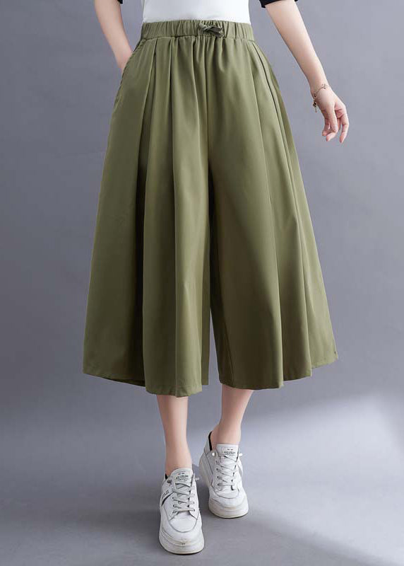 Casual Green Pockets Wrinkled Cotton Wide Leg Pants Skirt Summer