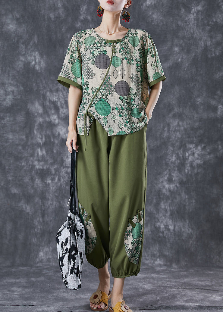 Casual Green Print Chinese Button Cotton Two Pieces Set Summer