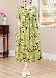 Casual Green Print Pockets Silk Cotton Long Dresses Summer