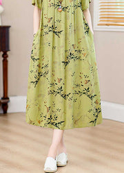 Casual Green Print Pockets Silk Cotton Long Dresses Summer