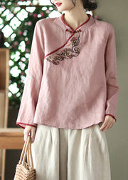 Casual Green Stand Collar Embroideried Button Linen Shirt Long Sleeve