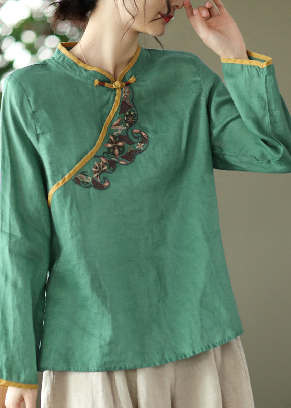 Casual Green Stand Collar Embroideried Button Linen Shirt Long Sleeve