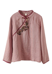 Casual Green Stand Collar Embroideried Button Linen Shirt Long Sleeve