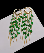 Casual Green Sterling Silver 14K Gold Jade Tassel Drop Earrings