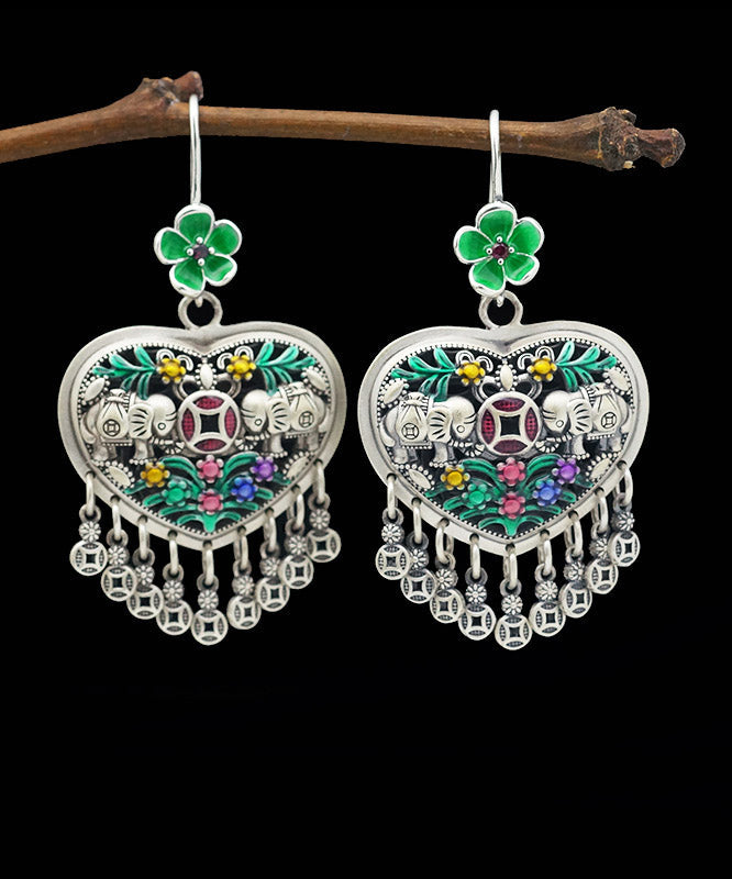 Casual Green Sterling Silver Heart Floral Tassel Drop Earrings