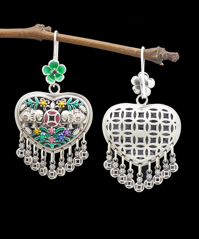 Casual Green Sterling Silver Heart Floral Tassel Drop Earrings