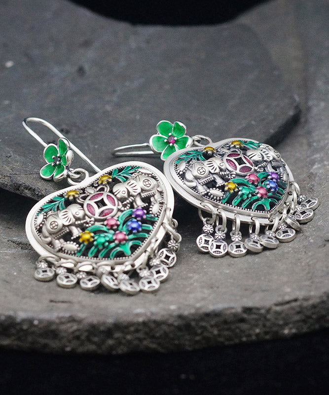 Casual Green Sterling Silver Heart Floral Tassel Drop Earrings