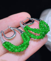 Casual Green Sterling Silver Xiaomi Beads Chalcedony Hoop Earrings