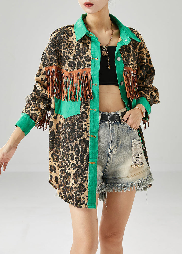 Casual Green Tasseled Patchwork Leopard Print Cotton Coats Fall