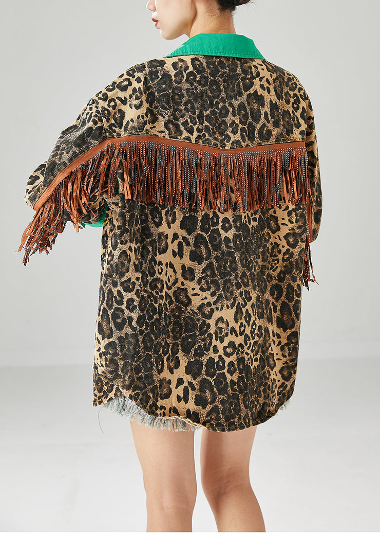 Casual Green Tasseled Patchwork Leopard Print Cotton Coats Fall