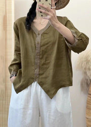 Casual Green V Neck Asymmetrical Patchwork Linen Shirt Summer