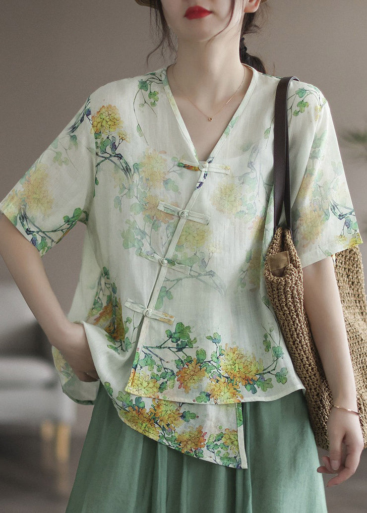 Casual Green V Neck Asymmetrical Print Button Linen Shirts Short Sleeve