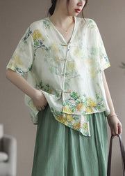 Casual Green V Neck Asymmetrical Print Button Linen Shirts Short Sleeve