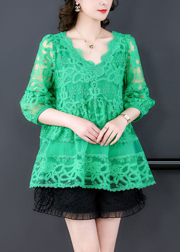 Casual Green V Neck Embroideried Tulle Shirt Bracelet Sleeve