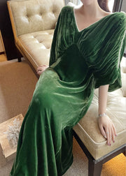 Casual Green V Neck Nail Bead Tunic Velour Maxi Dress Half Sleeve