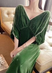 Casual Green V Neck Nail Bead Tunic Velour Maxi Dress Half Sleeve