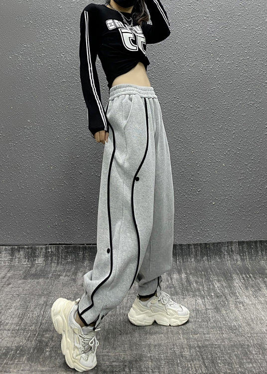 Casual Grey Asymmetrical Pockets Elastic Waist Cotton Sport Pants Fall