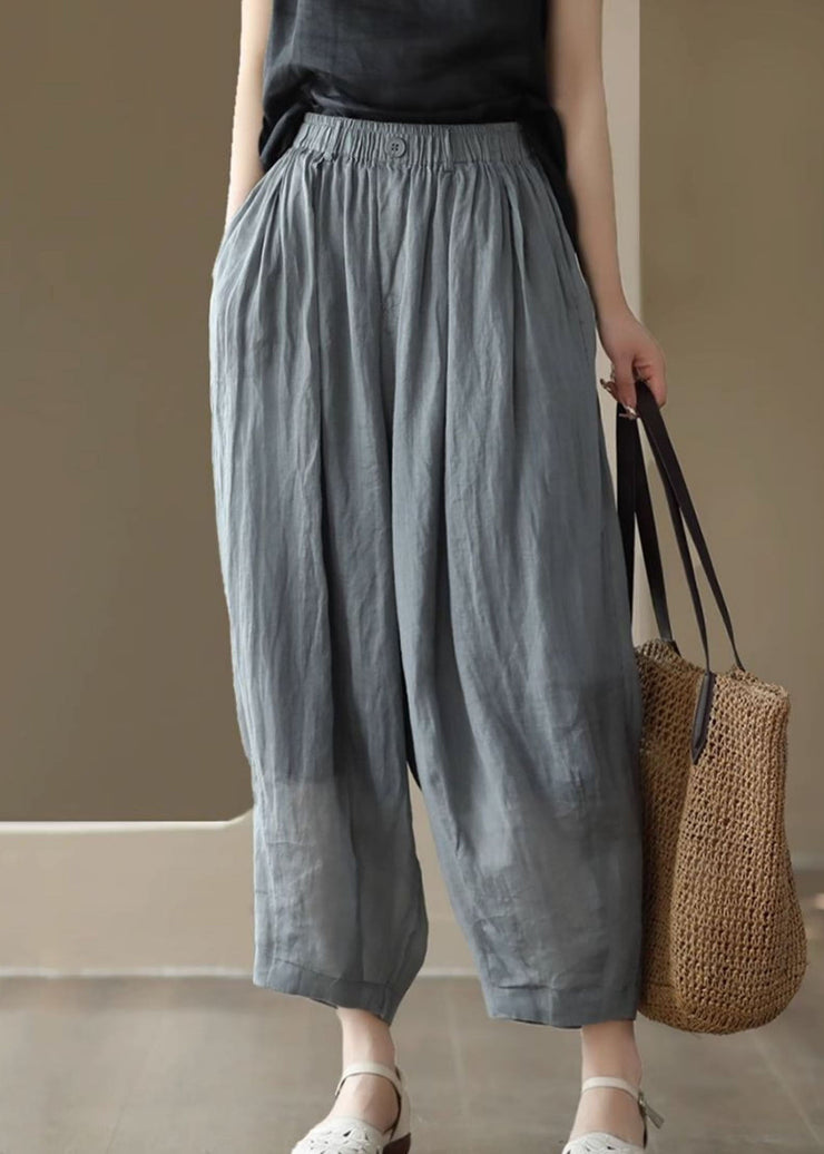 Casual Grey Elastic Waist Pockets Patchwork Linen Lantern Pants Summer