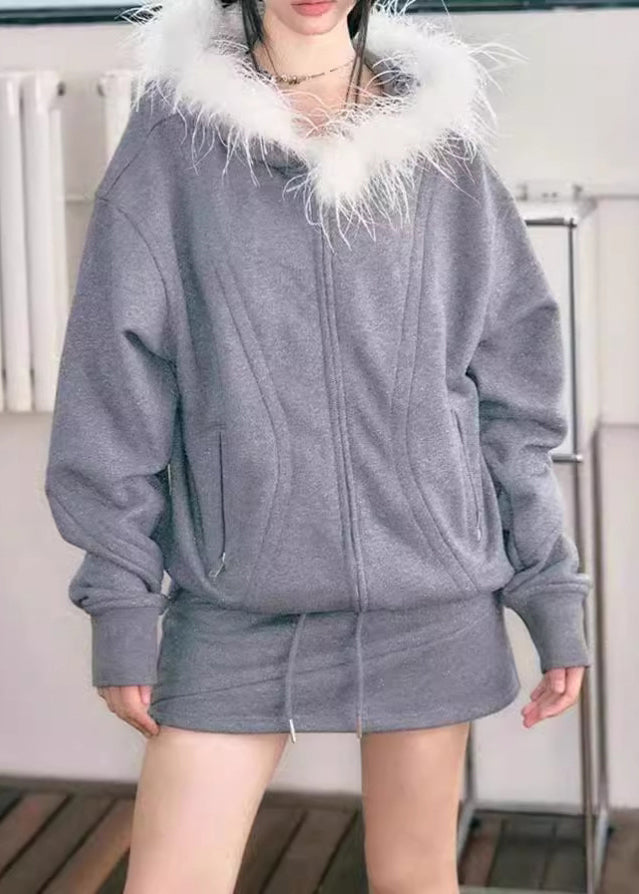 Casual Grey Fur Collar Zippered Fleece Sweatshirt And Skirts Two Pieces Set Winter