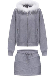 Casual Grey Fur Collar Zippered Fleece Sweatshirt And Skirts Two Pieces Set Winter