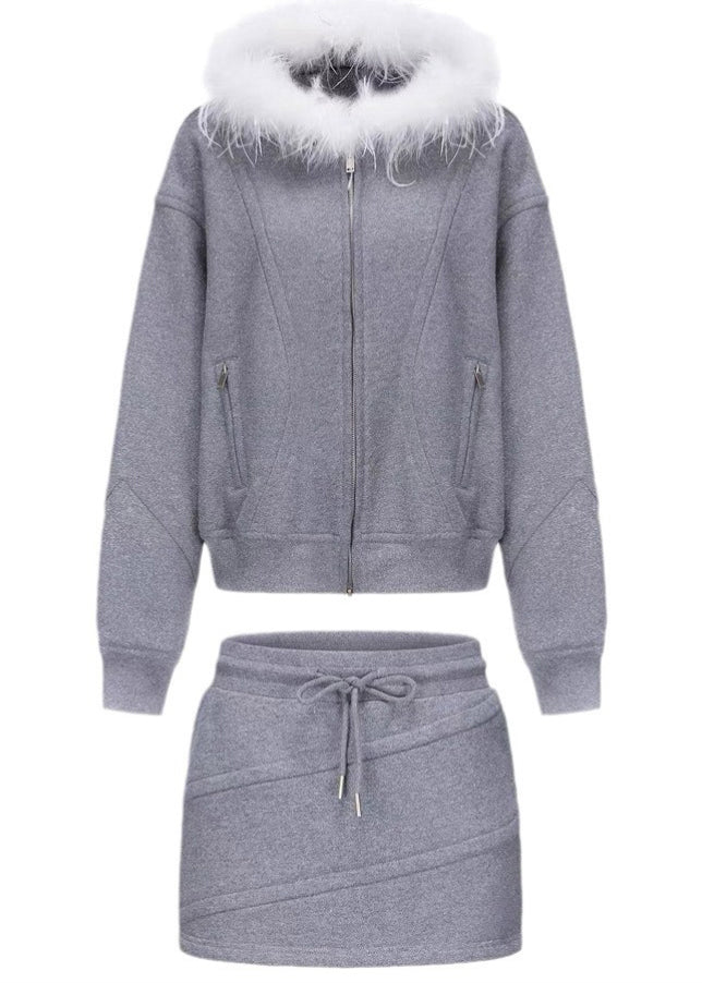 Casual Grey Fur Collar Zippered Fleece Sweatshirt And Skirts Two Pieces Set Winter