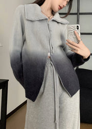 Casual Grey Gradient Zip Up Patchwork Knit Jacket Winter