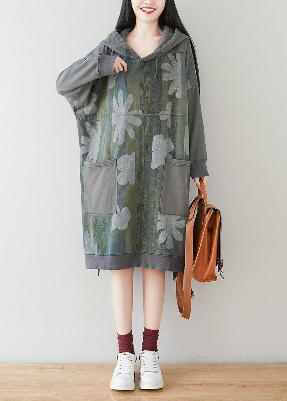 Casual Grey Hooded Patchwork Print Cotton Dress Batwing Sleeve