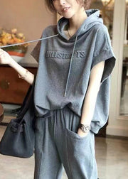 Casual Grey Hooded Sport Suit Cotton Two Pieces Set Summer