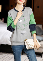 Casual Grey O-Neck Embroideried Patchwork Cotton Sweatshirt Long Sleeve